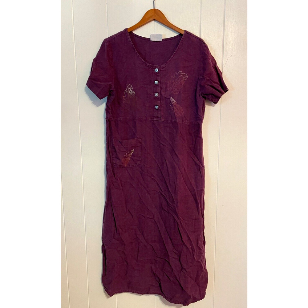 Vintage Womens Maxi Dress Large Purple Floral Linen Relaxed Hobo Lagenlook 90s